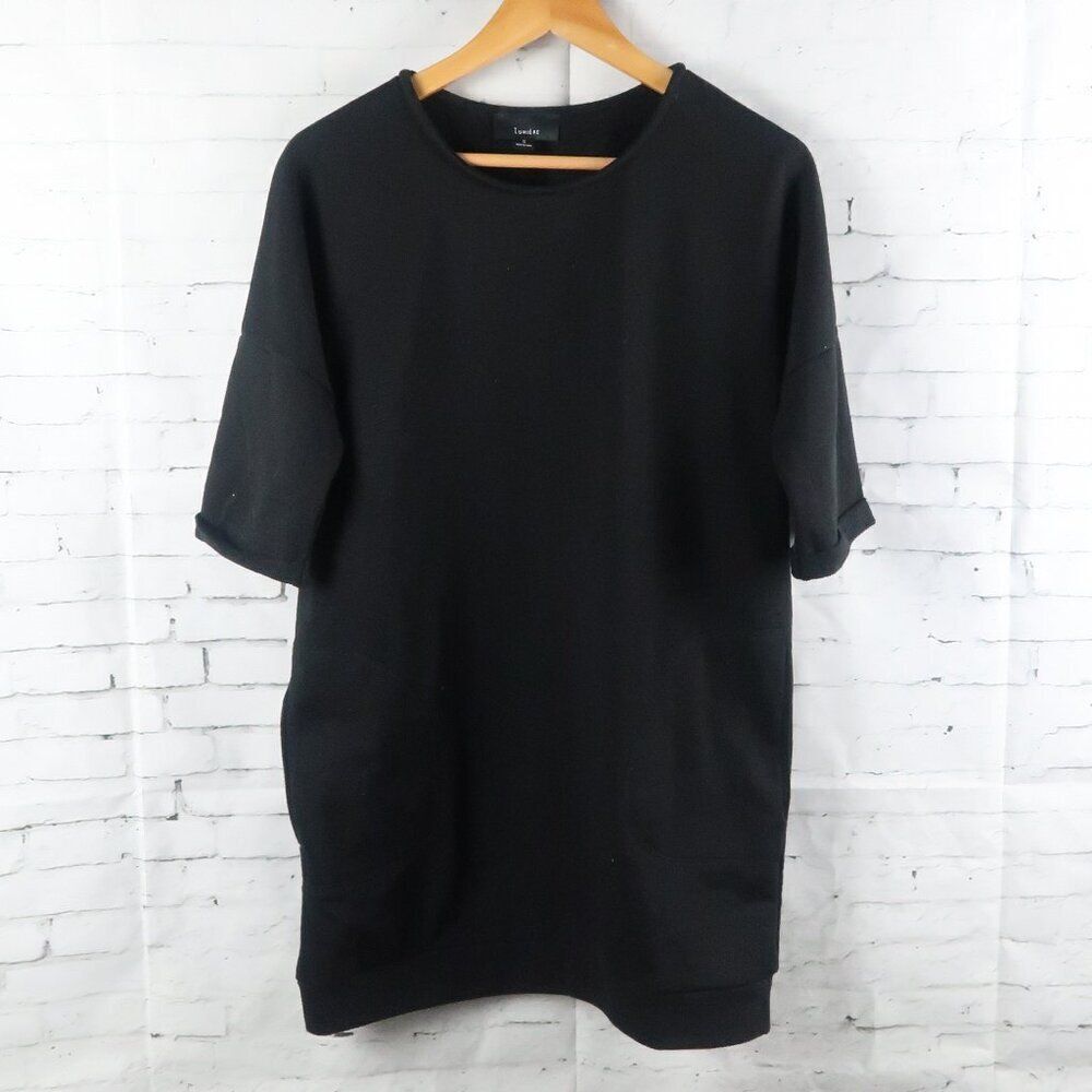 LUMIERE BLACK SHORT SLEEVE ROUND NECK SWEATSHIRT DRESS WITH POCKETS SIZE SMALL